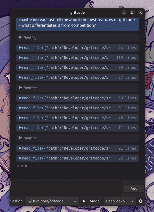 Gritcode AI coding assistant screencast — streaming markdown, tool calls, bash execution, and cross-project memory search in a native desktop UI